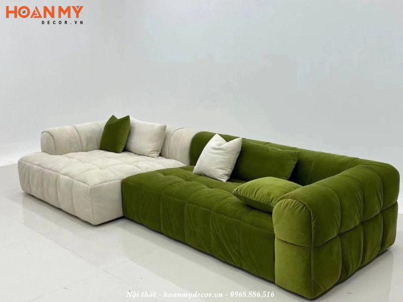 Sofa chữ L màu xanh rêu kết hợp màu trắng