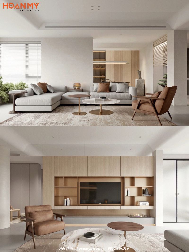 Phòng khách minimalism với gam màu nhẹ nhàng