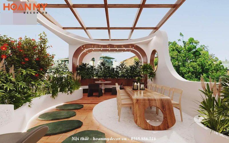 Thiết kế nội thất phòng khách organic trên sân thượng