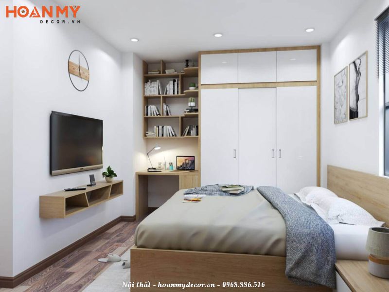 Phòng ngủ 15m2 theo phong cách tối giản bằng gỗ công nghiệp