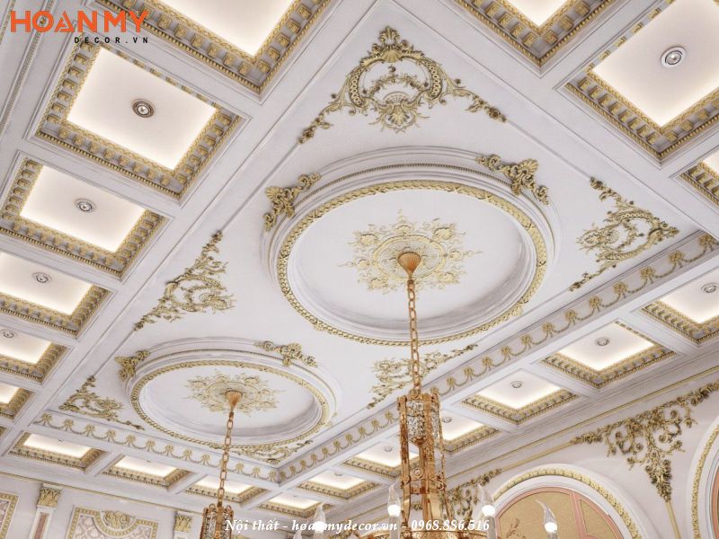 Trần thạch cao phòng khách tân cổ điển sang trọng kết hợp với hệ đèn đẹp cuốn hút