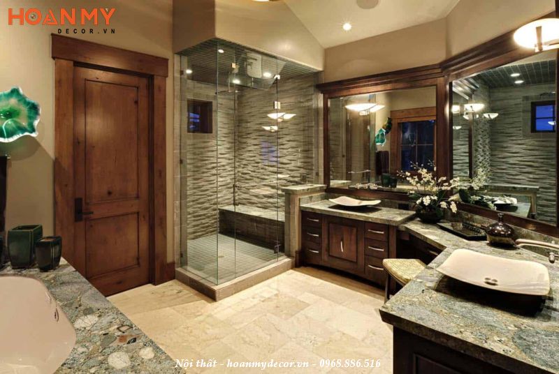 Phòng tắm phong cách Tân cổ điển sử dụng đồ nội thất gỗ tự nhiên