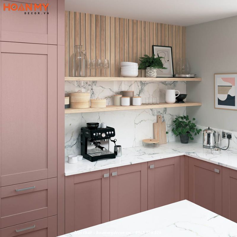 Tủ bếp màu hồng sơn Inchem