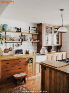 Tủ bếp thiết kế theo phong cách Vintage thường sử dụng tone màu ấm áp