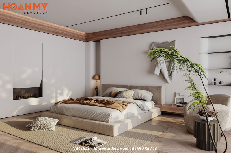 Bố trí nội thất phòng ngủ theo phong cách Wabi sabi kết hợp với cây xanh trang trí