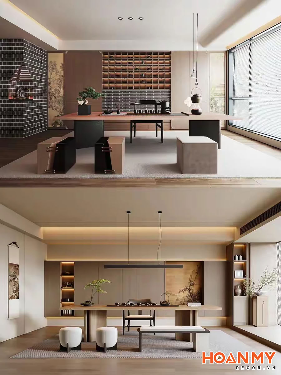 Phòng trà sang trọng tường gạch đen nhỏ, bục gỗ hồng cao, bàn trà thấp đen vuông. Tranh vàng, cây bonsai xanh, cửa kính lớn tràn ánh sáng.