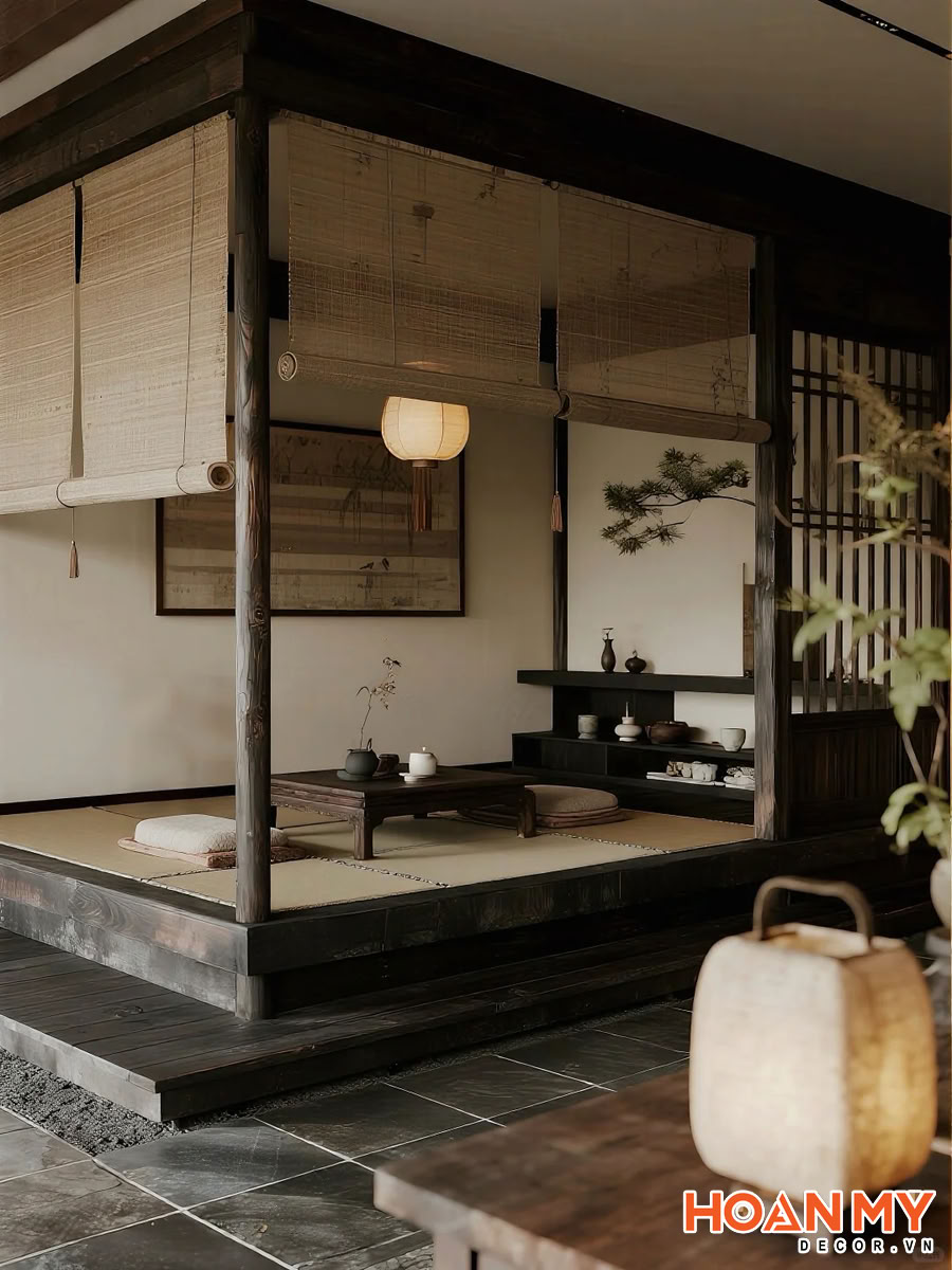 Phòng thiền Nhật Bản với sàn tatami vàng kem nâng cao, khung gỗ tối tạo ranh giới riêng biệt. Rèm tre cuộn, bàn trà thấp bằng gỗ đen, tranh bonsai và đèn lồng giấy tạo ánh sáng ấm áp. Đèn đá tròn phía trước, vườn zen sỏi đen, vách ngăn gỗ hoa văn và cây xanh hoàn thiện không gian yên tĩnh.