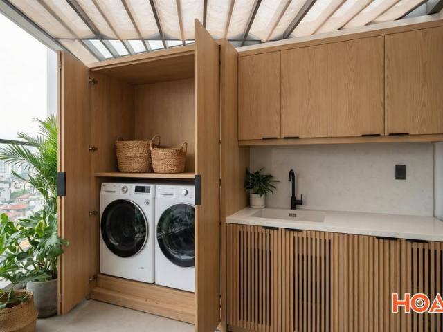 Tủ gỗ sồi cánh mở giấu máy giặt và máy sấy đặt cạnh nhau, phía trên là giàn lam gỗ che nắng