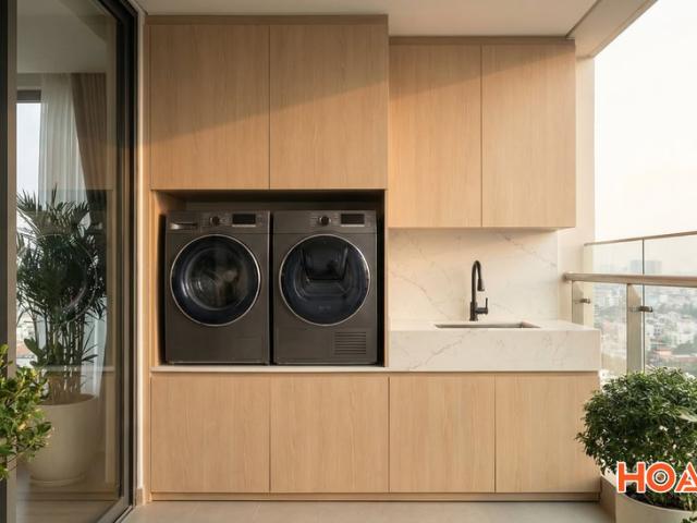 Hệ tủ gỗ sồi kịch trần với hộc đặt máy giặt và máy sấy, mặt bàn đá trắng và lan can kính