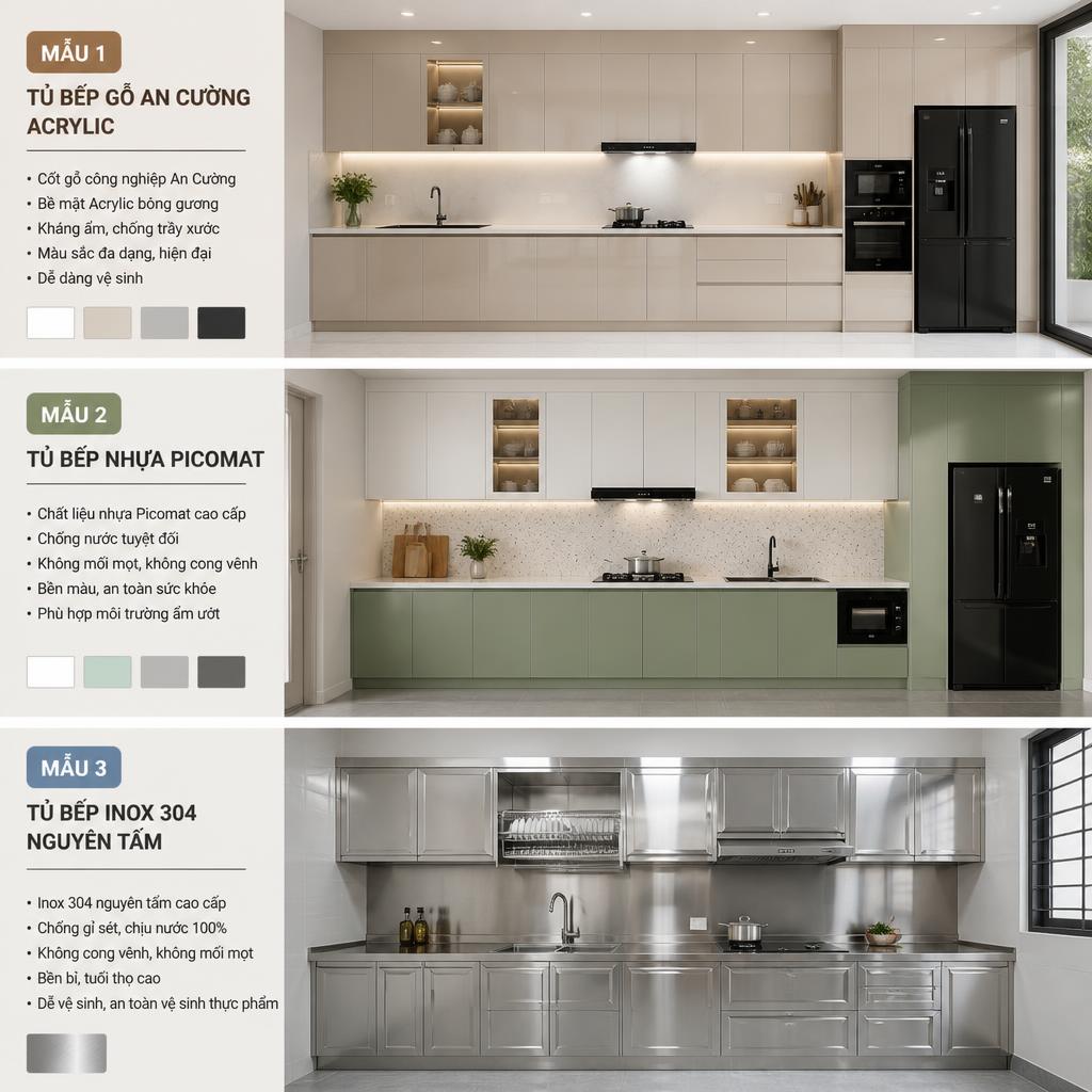 Ba mẫu tủ bếp chất liệu khác nhau: gỗ An Cường Acrylic, nhựa Picomat và inox 304 nguyên tấm