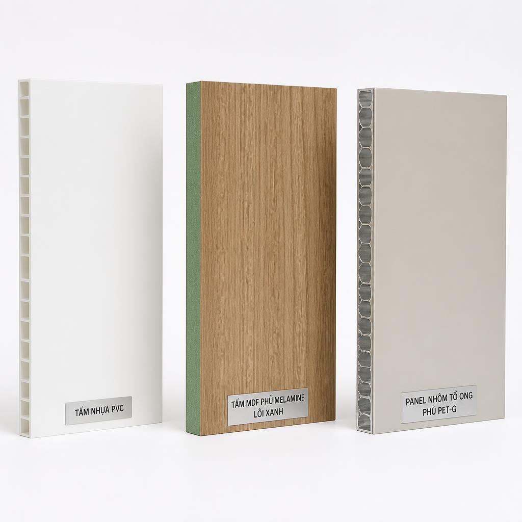 Ba mẫu vật liệu tủ bếp đặt cạnh nhau: tấm nhựa PVC, tấm MDF phủ melamine lõi xanh, và panel nhôm tổ ong phủ PET-G, chụp trên nền trắng, ánh sáng studio đồng đều