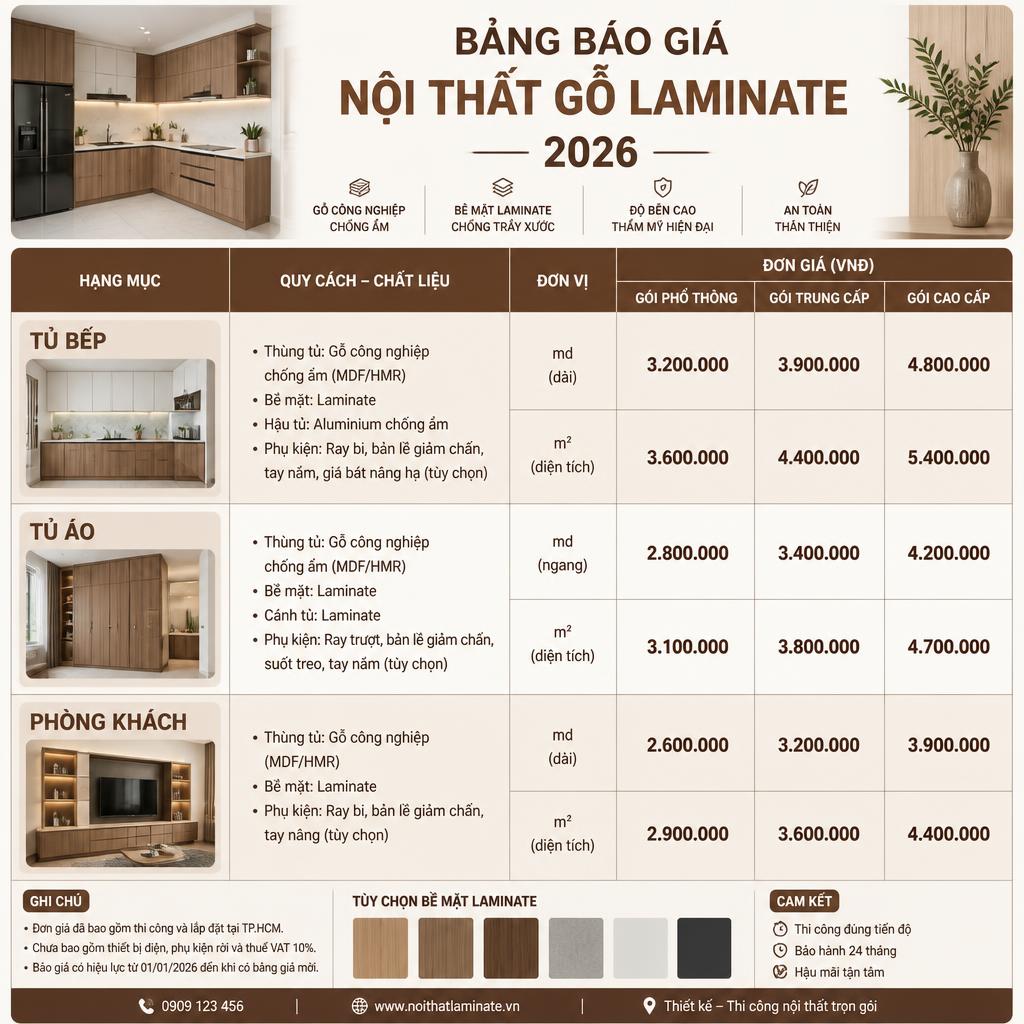Bảng báo giá nội thất gỗ Laminate 2026 theo hạng mục tủ bếp, tủ áo, phòng khách