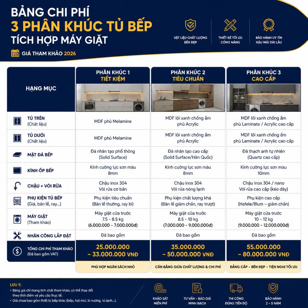 Bảng chi phí 3 phân khúc tủ bếp tích hợp máy giặt, thiết kế đồ họa chuyên nghiệp, màu xanh navy trắng vàng, thể hiện rõ từng hạng mục và giá tham khảo 2026