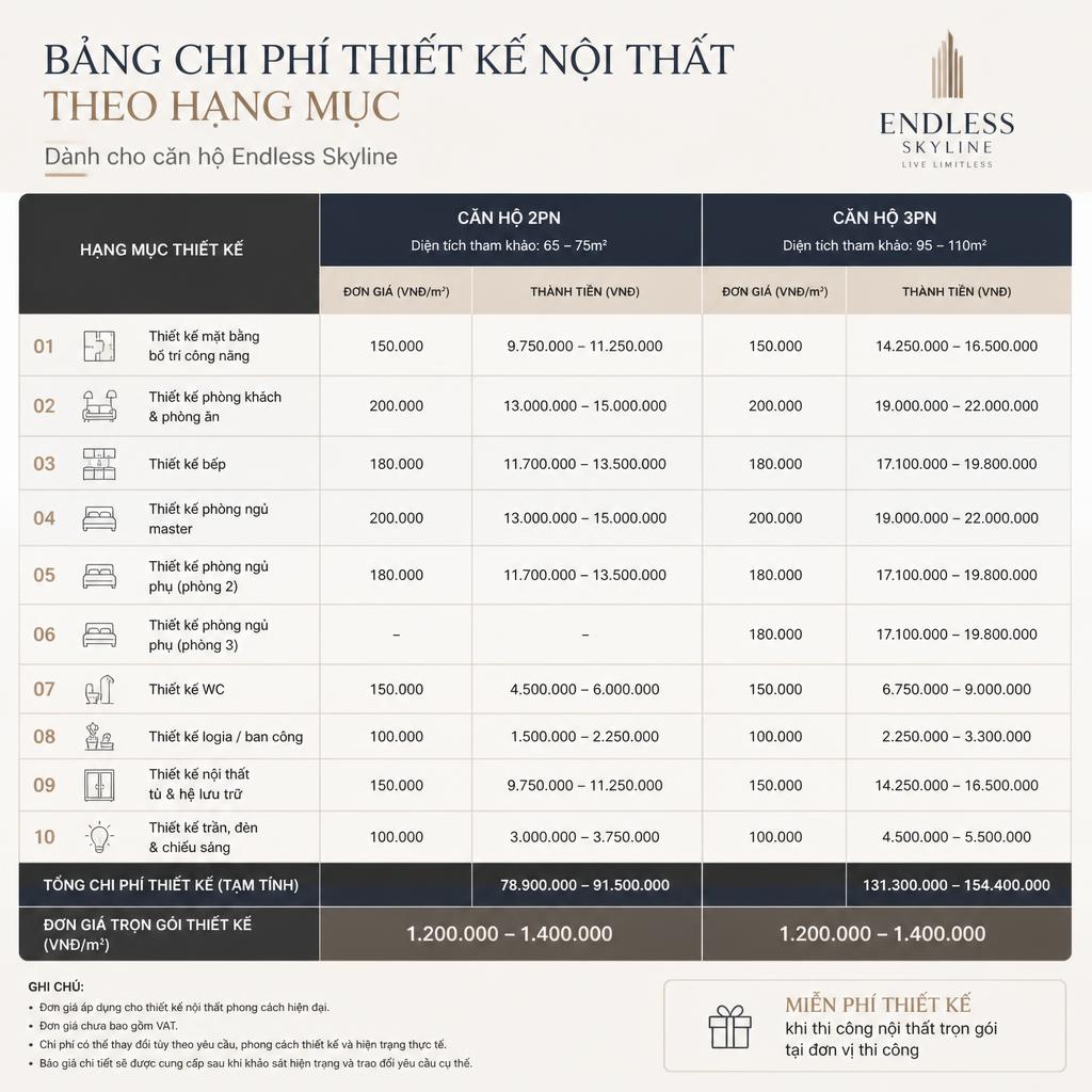 Bảng chi phí thiết kế nội thất theo hạng mục cho căn hộ Endless Skyline 2PN và 3PN