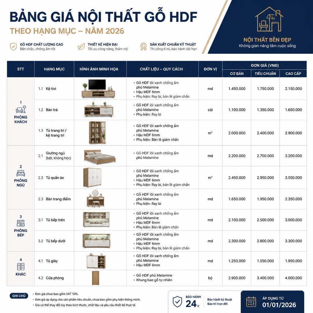 Bảng giá nội thất gỗ HDF theo hạng mục năm 2026, bố cục bảng rõ ràng, phong cách chuyên nghiệp