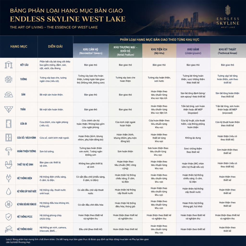 Bảng phân loại hạng mục bàn giao Endless Skyline West Lake theo từng khu vực