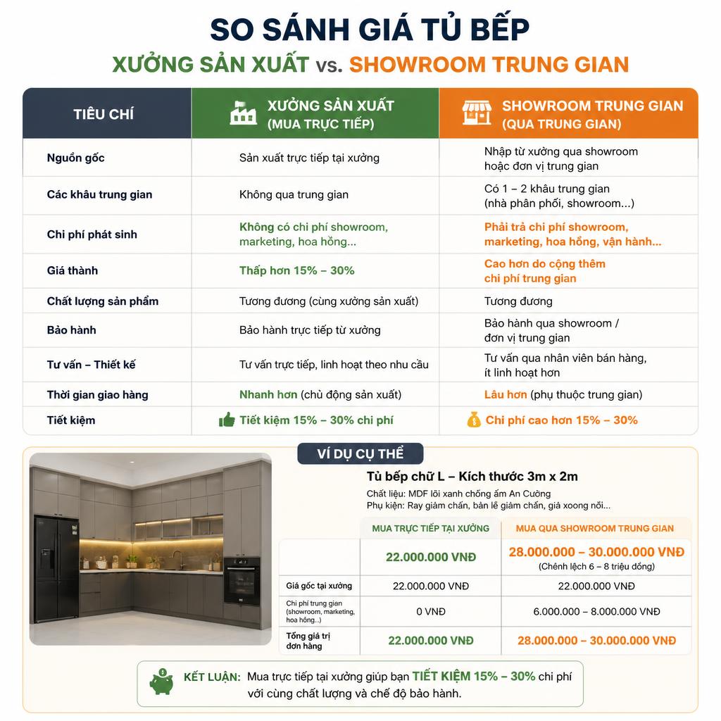 Bảng so sánh giá tủ bếp xưởng sản xuất vs. showroom trung gian với ví dụ cụ thể