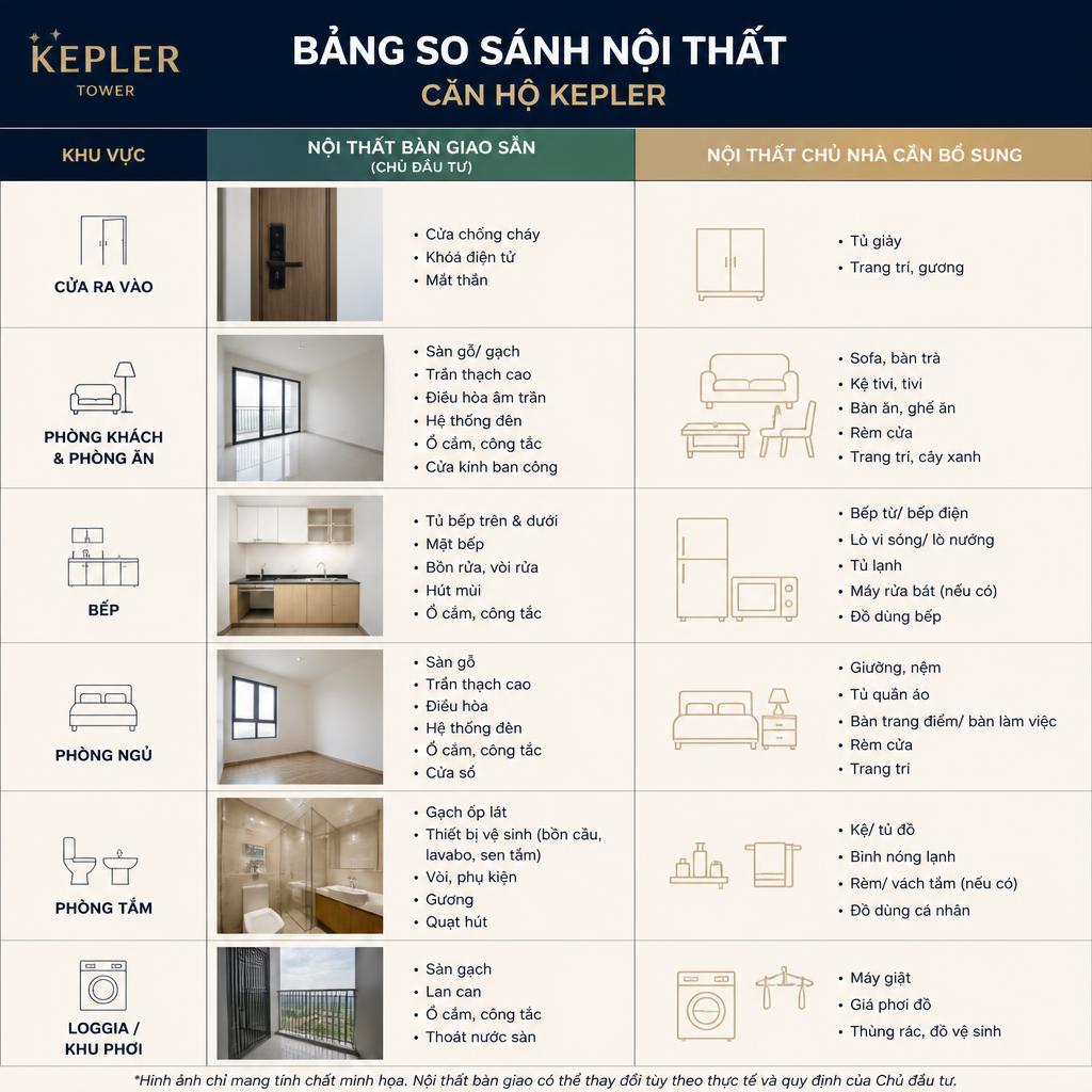 Bảng so sánh nội thất bàn giao sẵn và nội thất chủ nhà cần bổ sung trong căn hộ Kepler