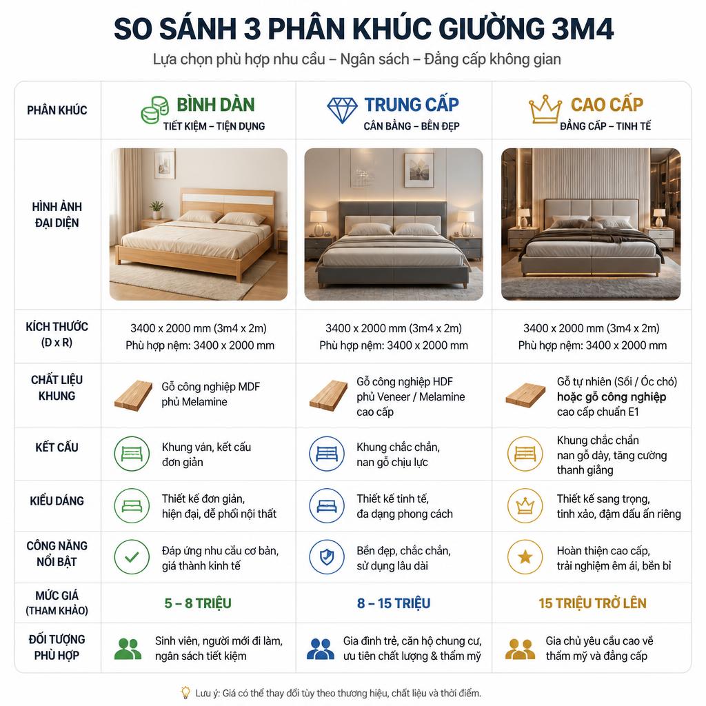 Bảng so sánh trực quan 3 phân khúc giường 3m4, bình dân/trung cấp/cao cấp, với hình ảnh đại diện và thông số kỹ thuật, dạng infographic nền trắng