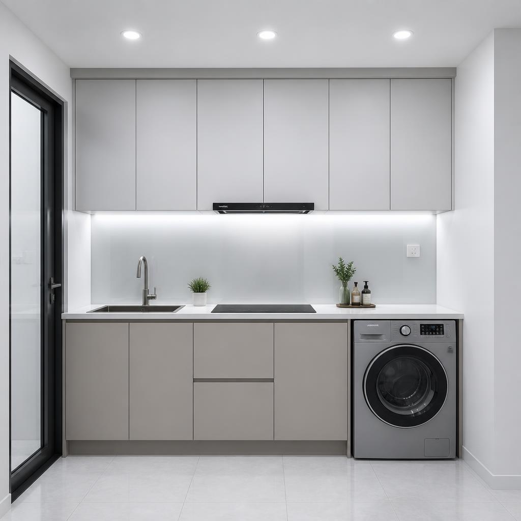 Bếp mini nhà phố hẹp 3m, tủ bếp chữ I tích hợp máy giặt bên phải, bồn rửa bên trái, bếp từ ở giữa, tất cả trong 3m chiều dài, ánh sáng trắng lạnh, nhìn thẳng vào