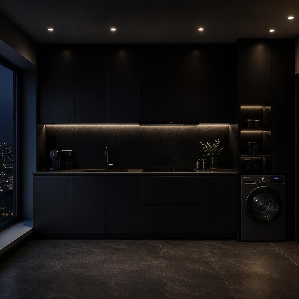 Bếp minimalist màu đen tuyền, mặt bếp đá granite đen, hốc máy giặt tích hợp góc bên phải, đèn LED âm trần spotlight, không gian tối nhưng sang trọng, chụp ban đêm