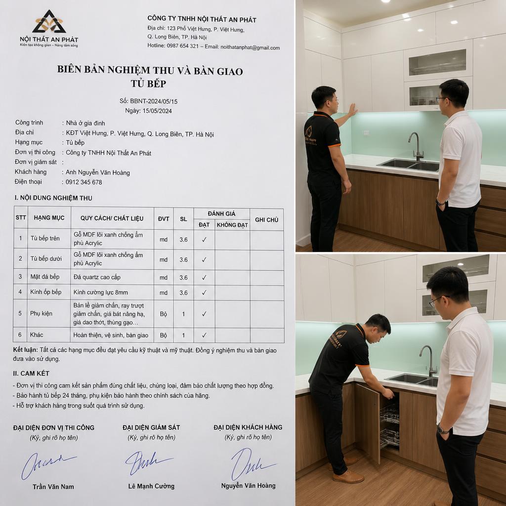 Biên bản nghiệm thu và bàn giao tủ bếp tại công trình thực tế, kèm hình ảnh khách hàng kiểm tra sản phẩm