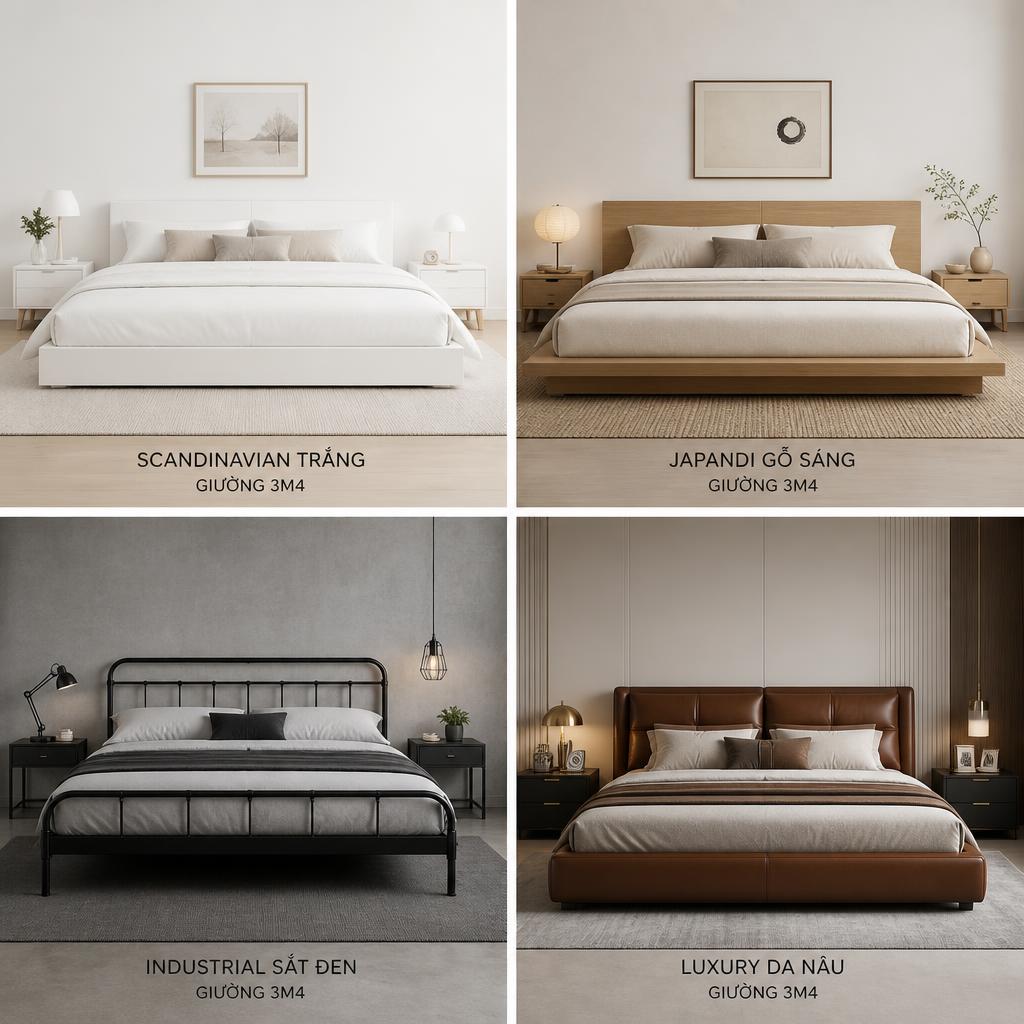 Bộ sưu tập 4 mẫu giường 3m4 phong cách khác nhau, Scandinavian trắng, Japandi gỗ sáng, Industrial sắt đen, Luxury da nâu, sắp xếp dạng grid 2×2, ánh sáng studio đồng đều