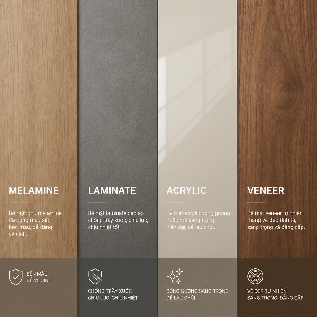Bốn dòng bề mặt An Cường xếp cạnh nhau: Melamine, Laminate, Acrylic, Veneer
