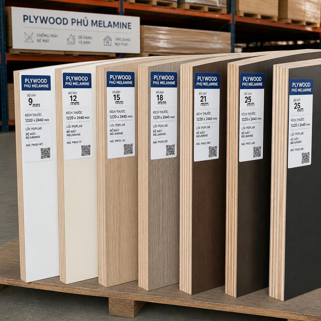 Các tấm plywood phủ melamine nhiều độ dày xếp cạnh nhau tại kho vật liệu, hiển thị nhãn thông số kỹ thuật