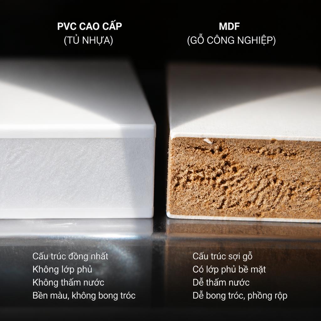 Cận cảnh bề mặt tủ nhựa PVC cao cấp màu trắng bóng, thấy rõ kết cấu đồng nhất không có lớp phủ, ánh sáng macro spotlight, so sánh với mẫu MDF bên cạnh