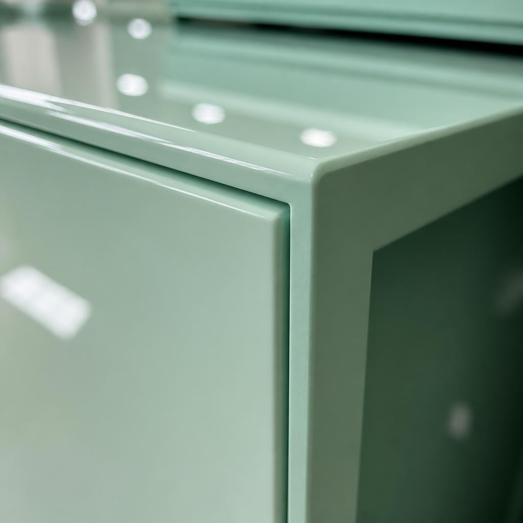 Cận cảnh cạnh tủ nhựa PVC màu xanh mint, thấy rõ lõi nhựa đồng màu không có cạnh ABS, bề mặt bóng phản chiếu ánh đèn, chụp macro