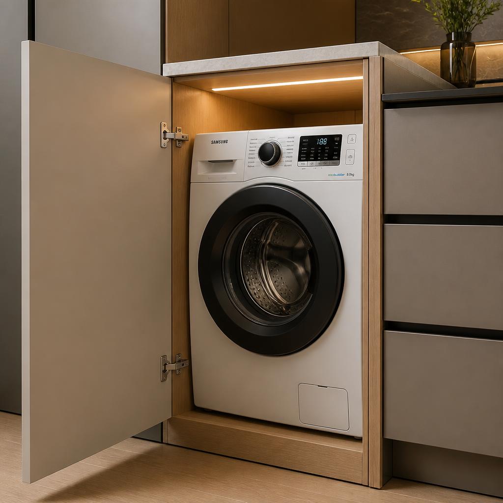 Cận cảnh hốc tủ bếp mở cửa lộ máy giặt cửa trước bên trong, ánh sáng đèn LED nội thất, góc chụp 45 độ, thấy rõ cạnh tủ và mặt máy giặt