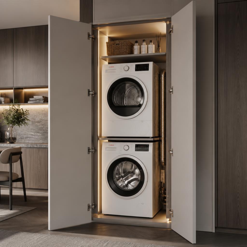Cánh tủ tower laundry mở ra hai bên, thấy máy giặt cửa trước và máy sấy chồng nhau, ánh đèn LED nội thất, góc chụp 3/4, thấy rõ khoảng hở kỹ thuật phía sau