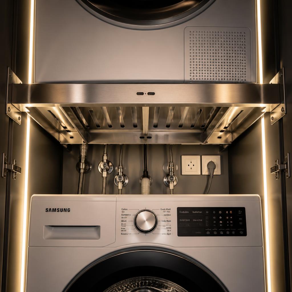 Chi tiết bên trong tủ tower laundry, thấy giá đỡ inox chịu lực giữa hai máy, đường nước và điện gọn gàng phía sau, ánh đèn LED nội thất, chụp macro từ bên trong