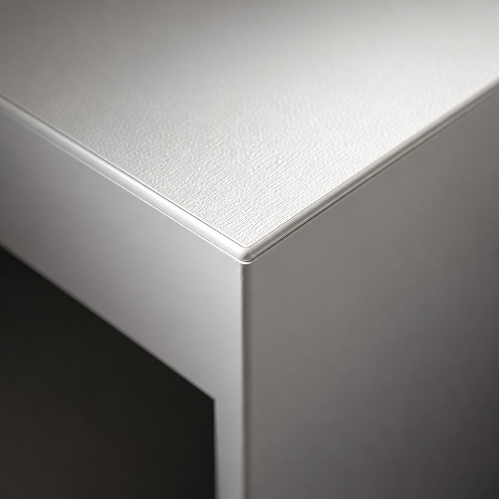 Chi tiết cạnh tủ MDF phủ melamine màu trắng, cạnh ABS 2mm dán hoàn chỉnh, chụp macro cận cảnh góc 45 độ, ánh sáng spotlight làm nổi bật kết cấu bề mặt