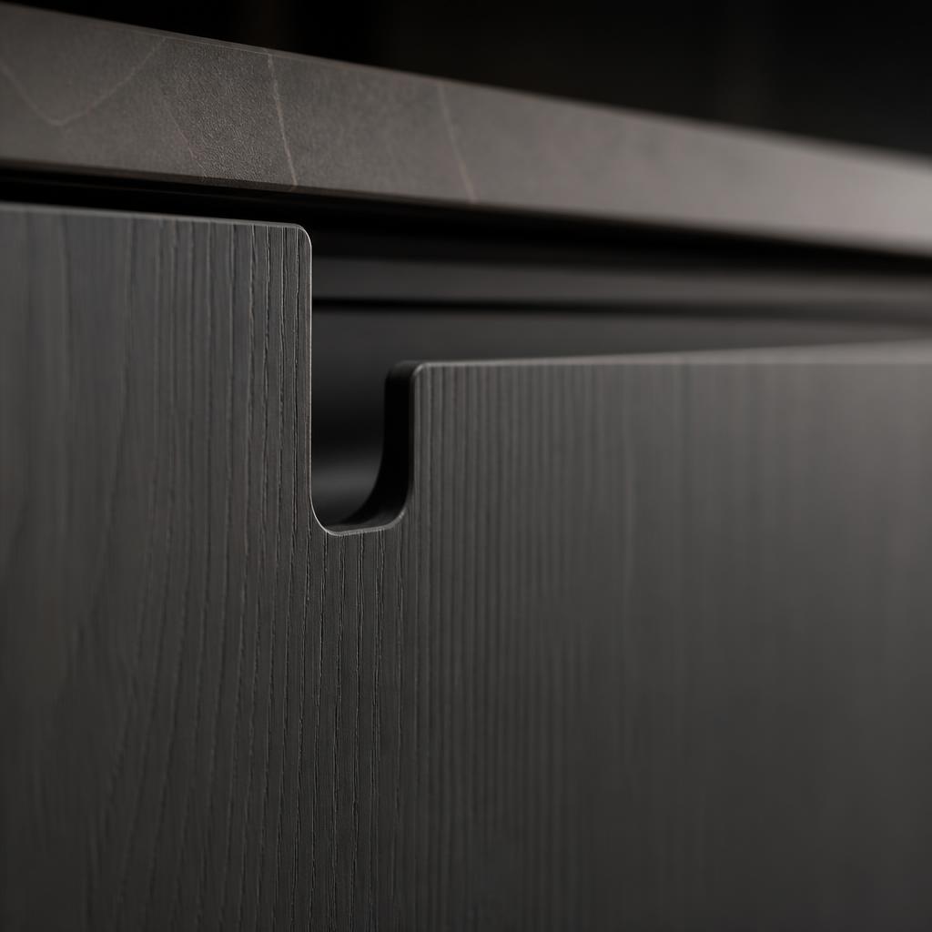 Chi tiết tay nắm J-pull ẩn trên cánh tủ bếp minimalist màu xám anthracite, ánh sáng spotlight từ trên, chụp macro cận cảnh, thấy vân gỗ nhân tạo mờ