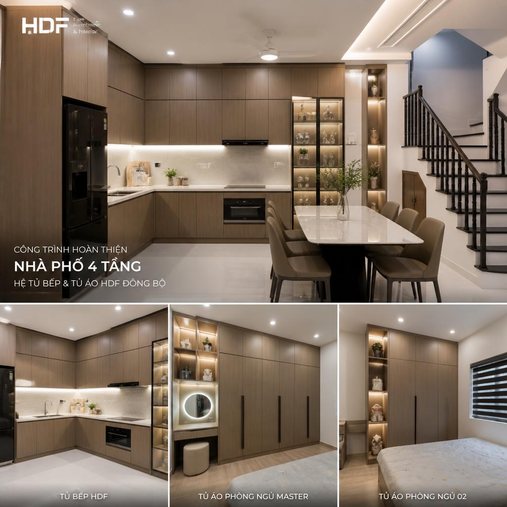 Công trình nội thất HDF hoàn thiện tại nhà phố 4 tầng, thể hiện tổng thể hệ tủ bếp và tủ áo đồng bộ