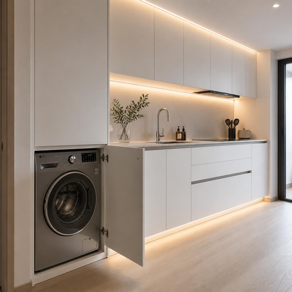 Cùng tủ bếp minimalist trắng nhưng cánh hốc máy giặt mở ra 90 độ, thấy máy giặt cửa trước màu bạc bên trong, ánh đèn LED viền tủ, chụp góc 3/4 từ bên trái