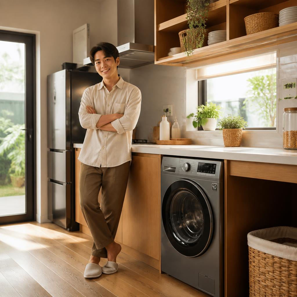 Gia chủ trẻ đứng trong bếp tích hợp máy giặt, biểu cảm hài lòng, ánh sáng tự nhiên, phong cách lifestyle photography, không gian bếp hiện đại ấm áp