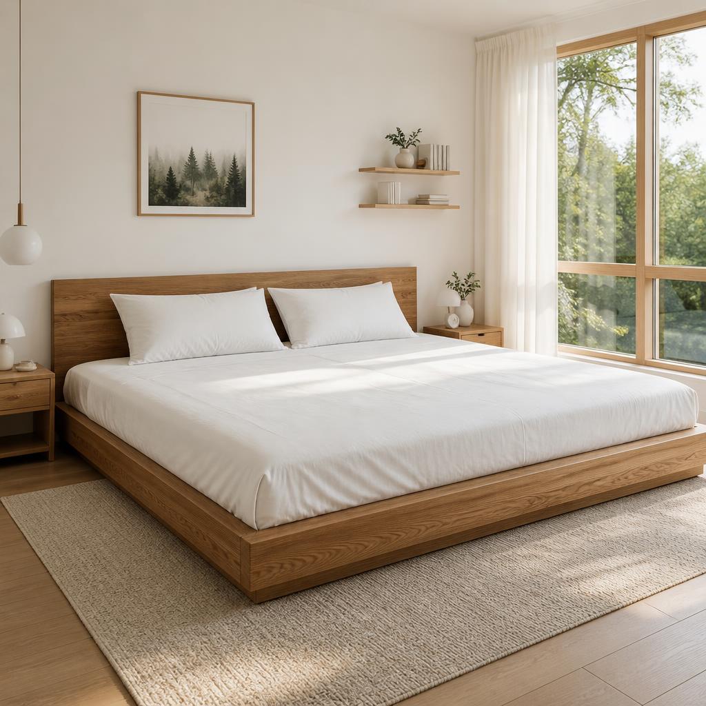 Giường 3m4 khung gỗ sồi/óc chó đặt trong phòng ngủ phong cách Scandinavian, ánh sáng ban ngày qua cửa sổ rộng, ga trắng tinh, 2 gối lớn