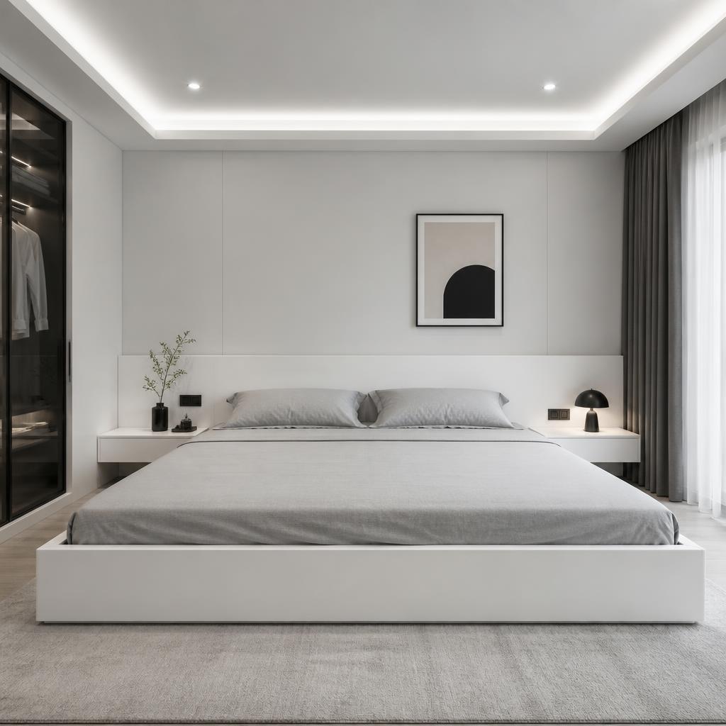 Giường 3m4 khung MDF phủ melamine trắng trong phòng ngủ hiện đại tối giản, ánh đèn LED âm trần trắng lạnh, ga xám nhạt