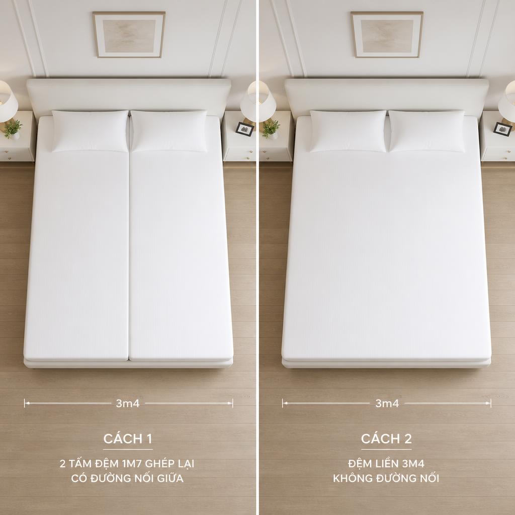 Hai cách trải đệm trên giường 3m4, bên trái: 2 tấm đệm 1m7 ghép lại có đường nối giữa; bên phải: đệm liền 3m4 không đường nối, nhìn từ trên xuống, ga trắng tinh