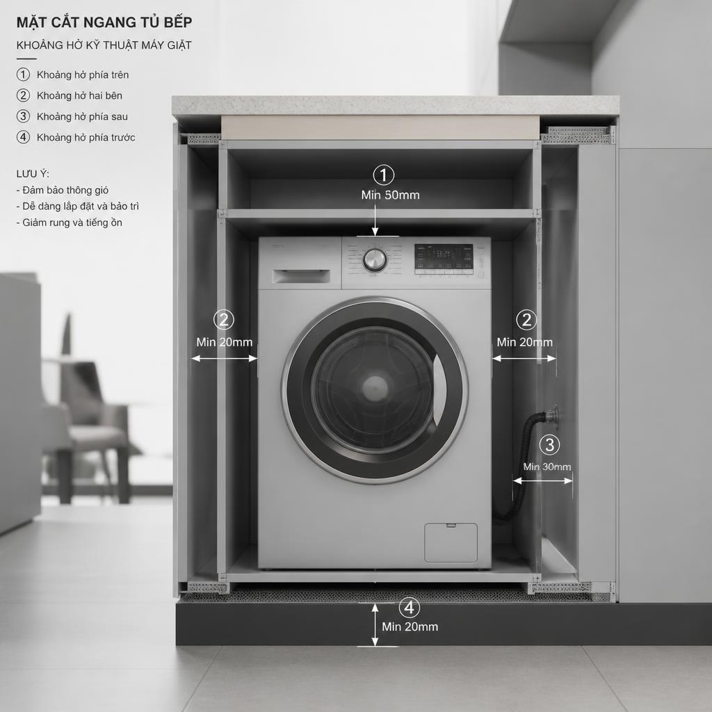 Hình vẽ kỹ thuật 3D tủ bếp cắt ngang, thấy máy giặt bên trong với các mũi tên chỉ khoảng hở kỹ thuật xung quanh, render 3D màu xám trắng chuyên nghiệp