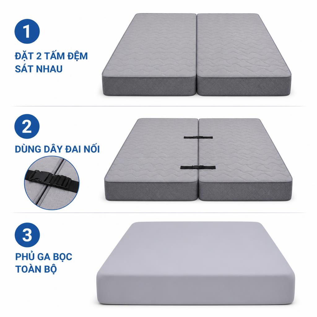 Hướng dẫn từng bước ghép đệm, bước 1: đặt 2 tấm đệm sát nhau; bước 2: dùng dây đai nối; bước 3: phủ ga bọc toàn bộ, dạng ảnh collage 3 bước, nền trắng