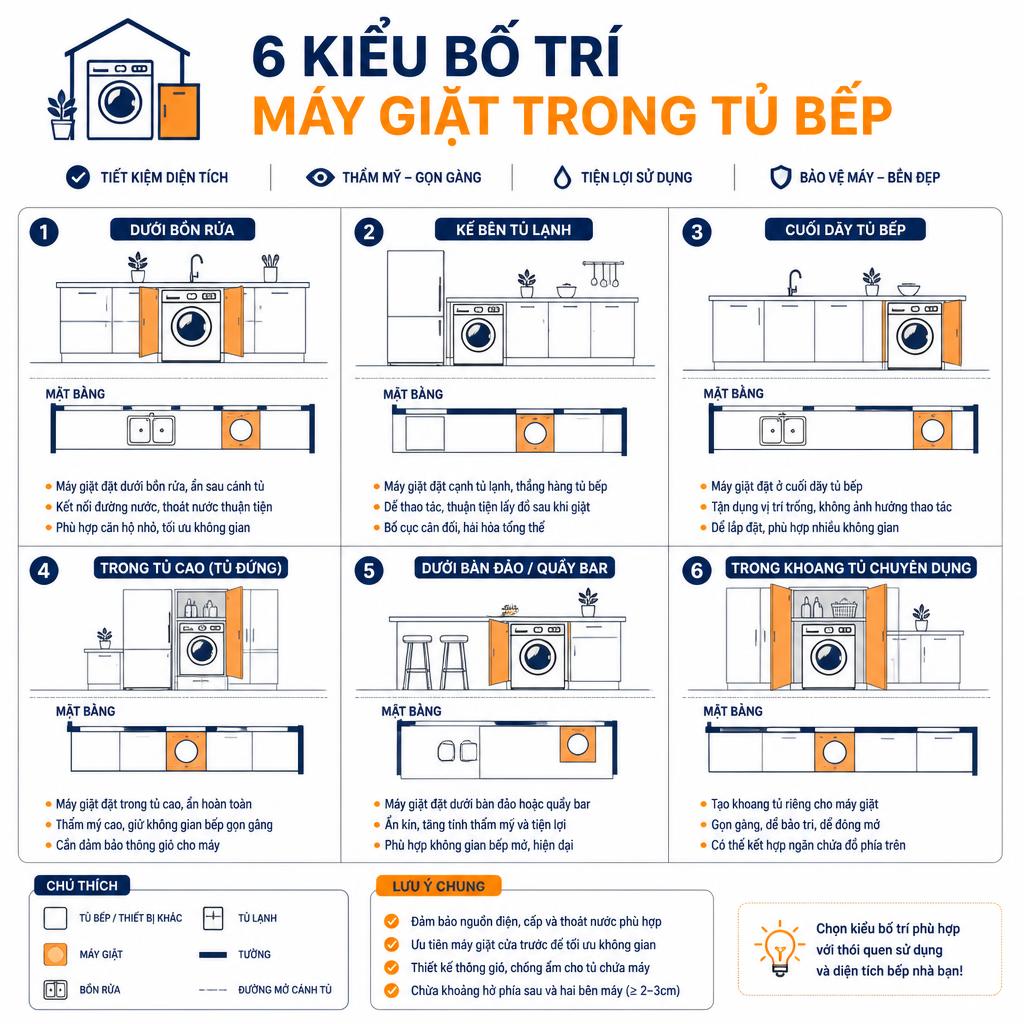 Infographic 6 kiểu bố trí máy giặt trong tủ bếp, sơ đồ mặt bằng từng kiểu, nền trắng, màu xanh navy và cam, chú thích tiếng Việt rõ ràng, phong cách thiết kế đồ họa hiện đại