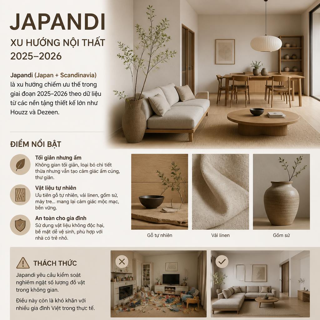 Phong cách Japandi – tối giản ấm áp, lý tưởng cho gia đình trẻ.