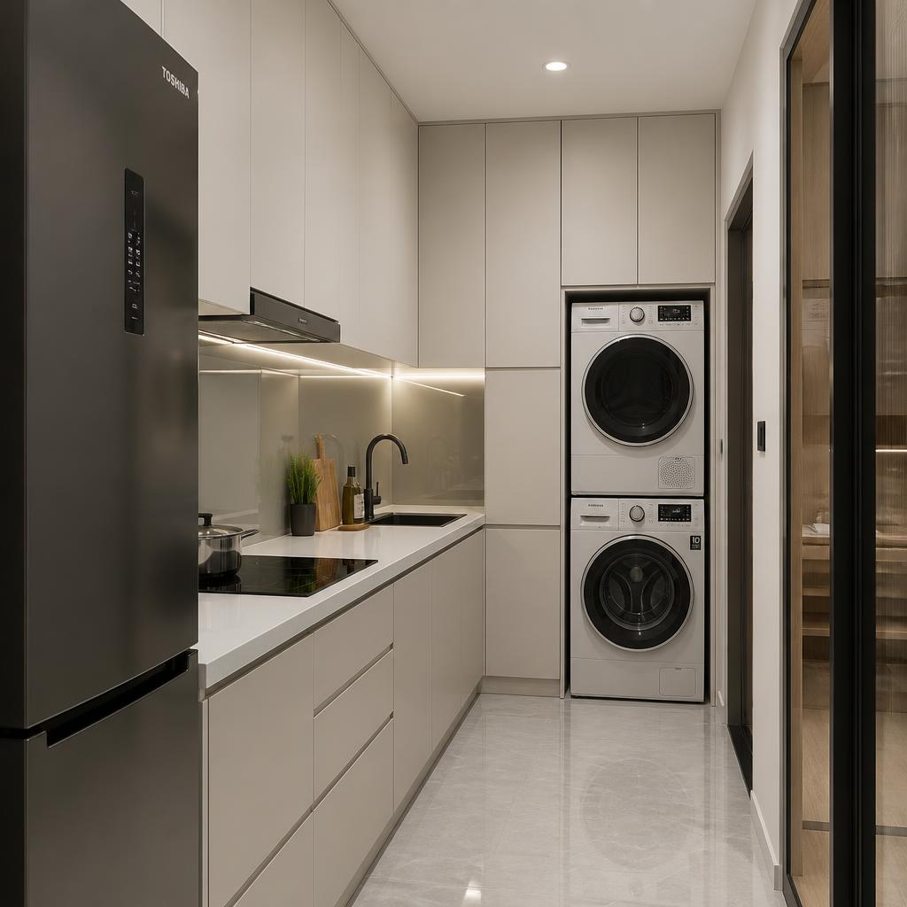 Khu bếp nhỏ 5m² tích hợp máy giặt và máy sấy chồng nhau cuối dãy tủ, cánh tủ đóng kín, không gian gọn gàng, ánh sáng LED trắng, nhà phố hẹp Hà Nội
