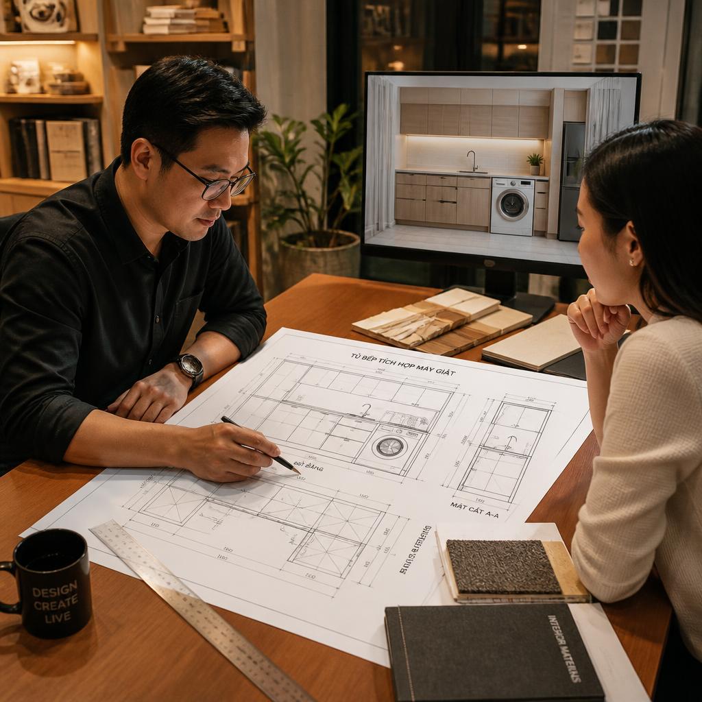 Kiến trúc sư và gia chủ ngồi xem bản vẽ tủ bếp tích hợp máy giặt trên bàn, ánh sáng văn phòng ấm, phong cách lifestyle chuyên nghiệp, thấy rõ bản vẽ kỹ thuật