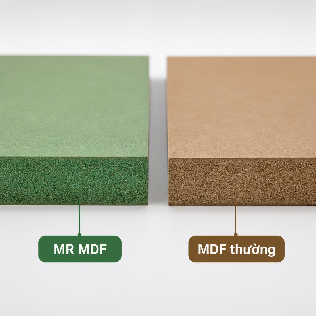 Lõi tấm MDF chống ẩm màu xanh lá đặc trưng, cắt ngang thấy rõ màu xanh toàn bộ lõi, đặt cạnh MDF thường màu nâu, ánh sáng studio, chú thích 'MR MDF' và 'MDF thường'