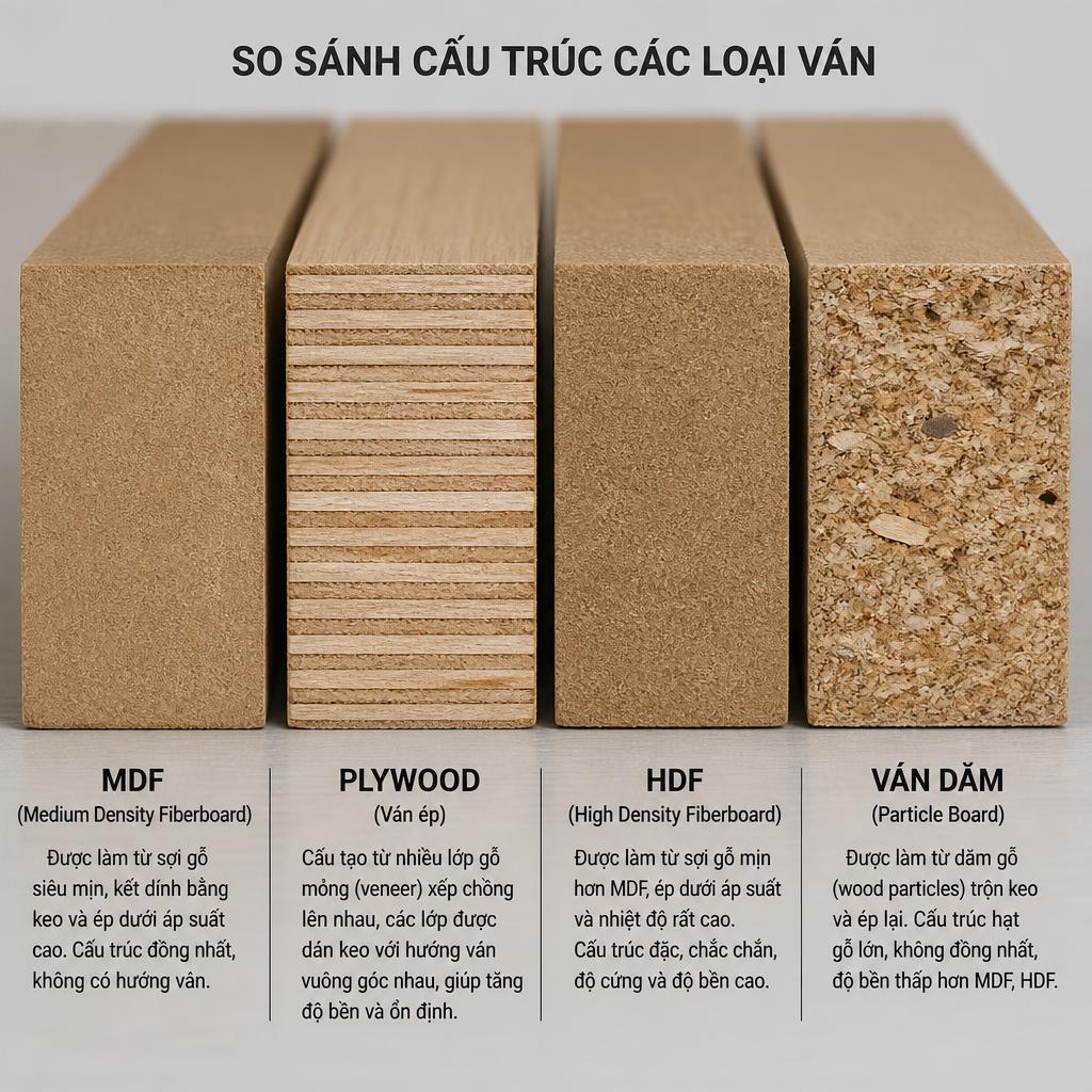 Mặt cắt ngang các loại ván MDF, Plywood, HDF và ván dăm đặt cạnh nhau để so sánh cấu trúc